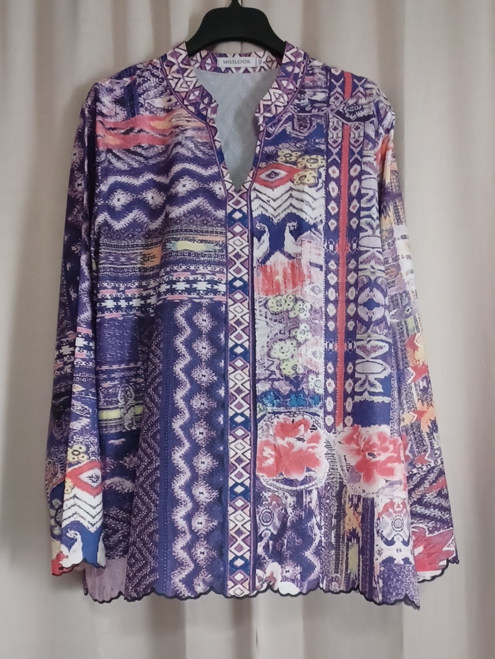 MISSLOOK Geometric Purple and Pink Blouse Long Sleeve V-Neck Scalloped Edges 3X